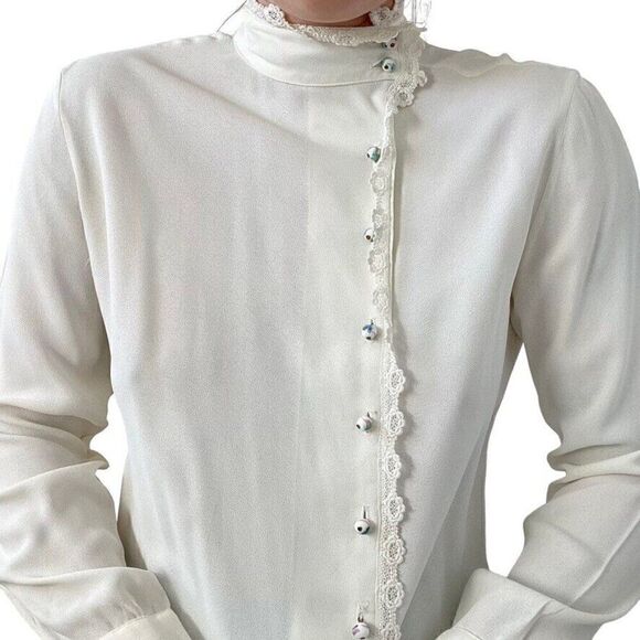 Vintage Ellen Tracy White Romantic Dark Academia Floral Button Blouse Sz S - Picture 5 of 11